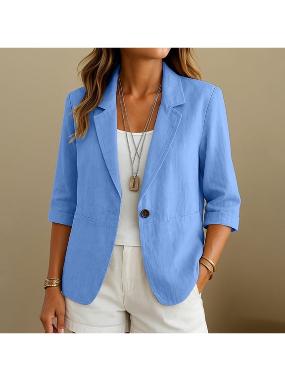 Women Fall Blazer 3/4 Sleeve Button Down Open Front Casual Work Office Tops Loose Basic Solid Blazer Trendy Vacation Fashion Clothes, Blue L