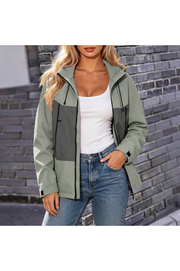 Women Hooded Zip Up Jacket Coats Color Block Long Sleeve Loose Fit Outerwear Casual Trendy Fall Spring Outwear, Army Green M