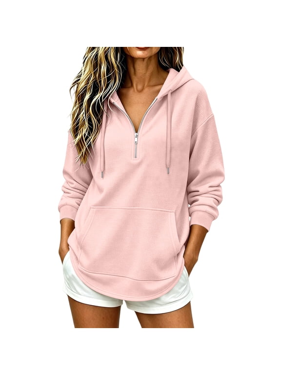 Women Plus Size Fall Long Sleeve Zip Hoodie Pullover Tops Casual Loose V Neck Winter Hooded Sweatshirt Trendy Outdoor Fashion Clothes, Pink XL