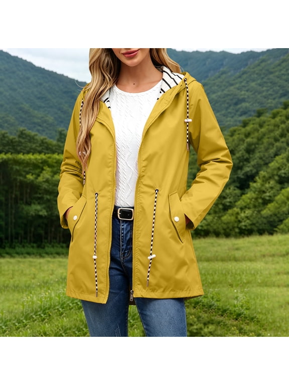 Women Plus Size Fall Winter Hooded Zip Up Jackets Casual Basic Blazers Coat Outwear Windbreaker Outdoor Raincoat Rain Jacket, Yellow XL