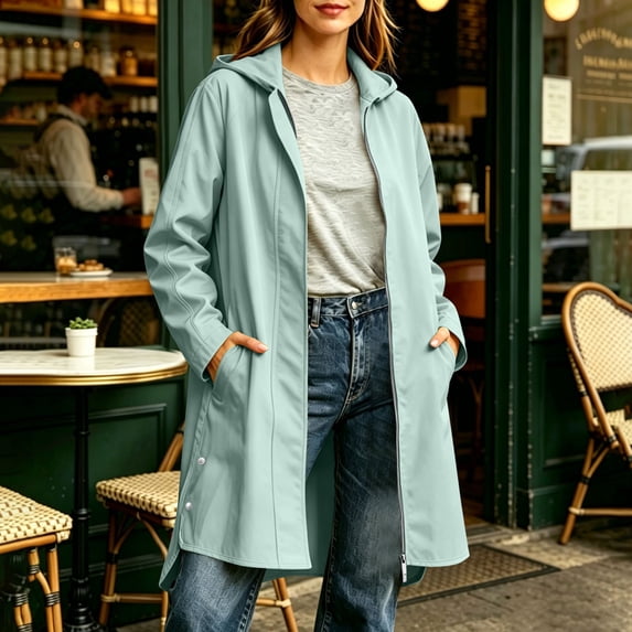 thefmos Women Plus Size Fall Winter Hooded Zip Up Open Front Casual Basic Coat Outdoor Raincoat Solid Trendy Jacket, Green M