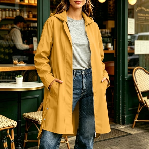 thefmos Women Plus Size Fall Winter Hooded Zip Up Open Front Casual Basic Coat Outdoor Raincoat Solid Trendy Jacket, Yellow M
