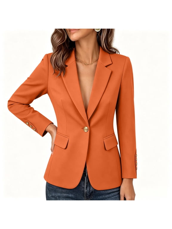 Women Plus Size Fall Winter Lapel Long Sleeve Button Down Blazer Jackets Elegant Business Work Office Cardigan Outerwear Tops, Orange S