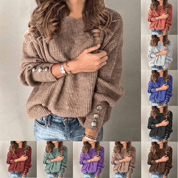 thefmos Women Plus Size Fall Winter Long Sleeve Knitted Button Sweater Tops Casual Pullover Solid Basic Crewneck Blouses Fashion Clothes, Khaki 2XL