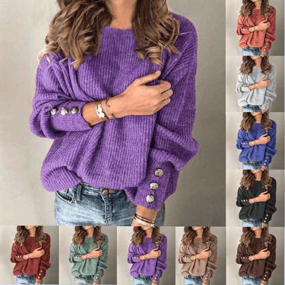 thefmos Women Plus Size Fall Winter Long Sleeve Knitted Button Sweater Tops Casual Pullover Solid Basic Crewneck Blouses Fashion Clothes, Purple M