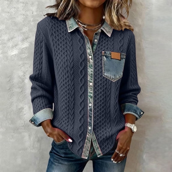 thefmos Women Plus Size Fall Winter Long Sleeve Knitted Button Down Tops Collared Casual Pullover Sweater Blouses Solid Basic Cardigan for Office Vacation, Navy XL