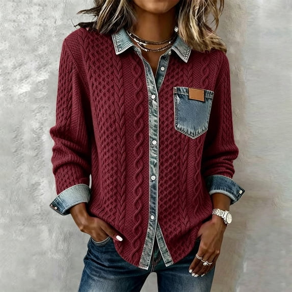 thefmos Women Plus Size Fall Winter Long Sleeve Knitted Button Down Tops Collared Casual Pullover Sweater Blouses Solid Basic Cardigan for Office Vacation, Wine M