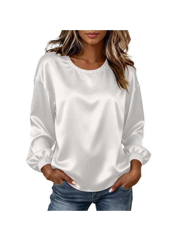 Women Plus Size Fall Winter Long Sleeve Satin Tops Round Neck Casual Blouses Solid Loose Pullover Tshirt Dressy Trendy Basic Clothes for Office Travel, White L