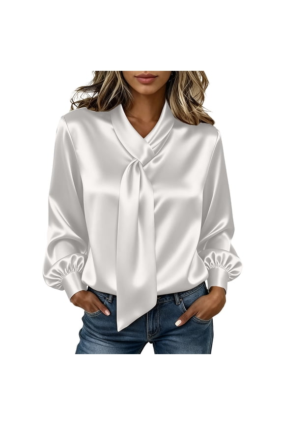 Women Plus Size Fall Winter V Neck Long Sleeve Satin Tie Front Blouse Elegant Casual Tops For Office Work Dressy Chic Basic Shirts, White XL