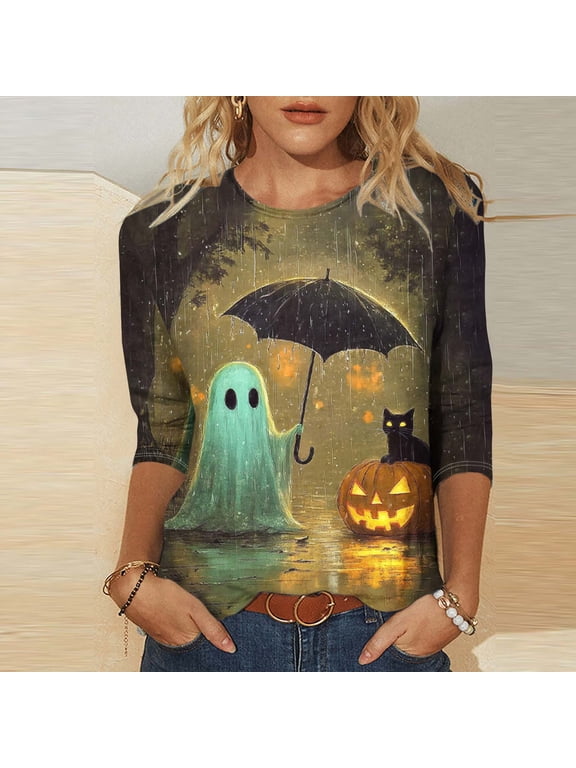 Women Plus Size Halloween 3/4 Sleeve Pullover Tops Round Neck Gothic Graphic Tshirt Casual Tunic Blouse Spooky Autumn Festival Clothes, Multicolor 5XL