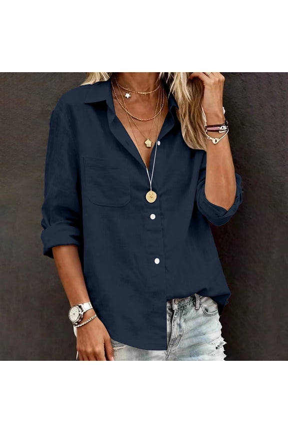 Women Plus Size Long Sleeve Button Down Shirts Collared Casual Basic Blouses Solid Loose Tops for Summer Fall Office Work Daily Wear, Navy M