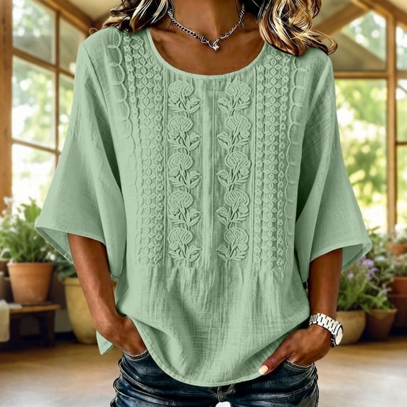 thefmos Women Summer Boho Linen Tops 3/4 Sleeve Round Neck Embroidery Casual Loose Pullover Blouses Solid Fall Fashion Tunic, Green M