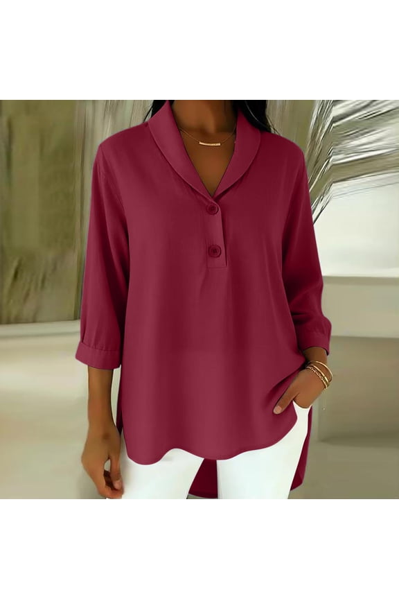 Women's Casual Collard Button Down Blouse 3/4 Sleeve Open Front Solid Tunic Top Spring Fall Dressy Work Shirt Vacation Outfits, Red 2XL