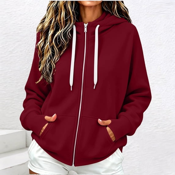 thefmos Women's Casual Zip Up Hoodie Sweatshirt Solid Color Long Sleeve Drawstring Hooded Jacket Fall Winter Outfit, Wine 2XL