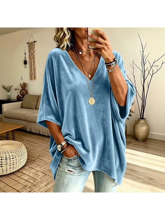 Women's V Neck Flare Bell Sleeve Casual Top Boho Flared Three Quarter Length Blouse Fashion Fall Spring Outfit, Light Blue 2XL