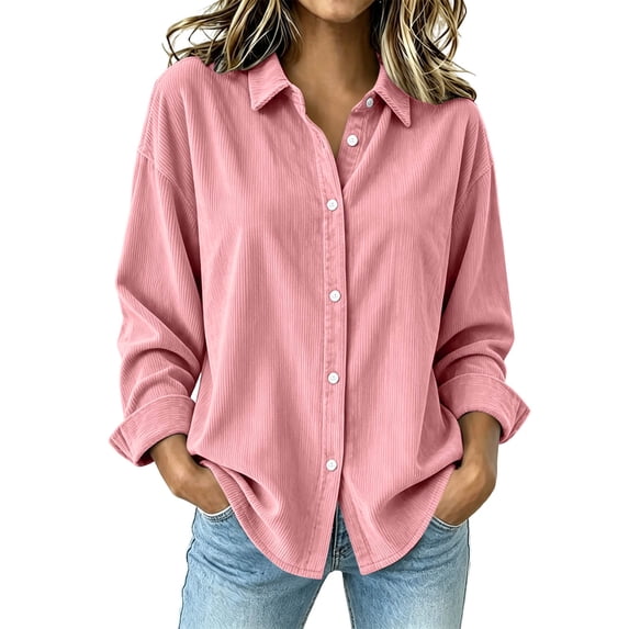 thefmos Women's Collared Button Front Corduroy Solid Color Jacket Casual Long Sleeve Retro Outerwear Fashion Fall Winter Outfit, Pink S
