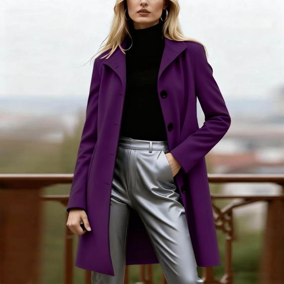 thefmos Women's Collared Long Length Slim Fit Coat Button Down Solid Color Casual Outerwear Fashion Fall Winter Outfit, Purple 2XL