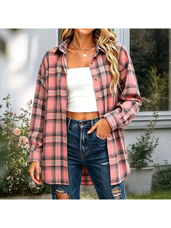 Women's Collared Long Sleeve Plaid Shirt Jacket Loose Fit Button Down Casual Shacket Fall Spring Outfit, Pink 2XL