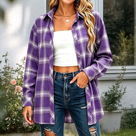 thefmos Women's Collared Long Sleeve Plaid Shirt Jacket Loose Fit Button Down Casual Shacket Fall Spring Outfit, Purple L