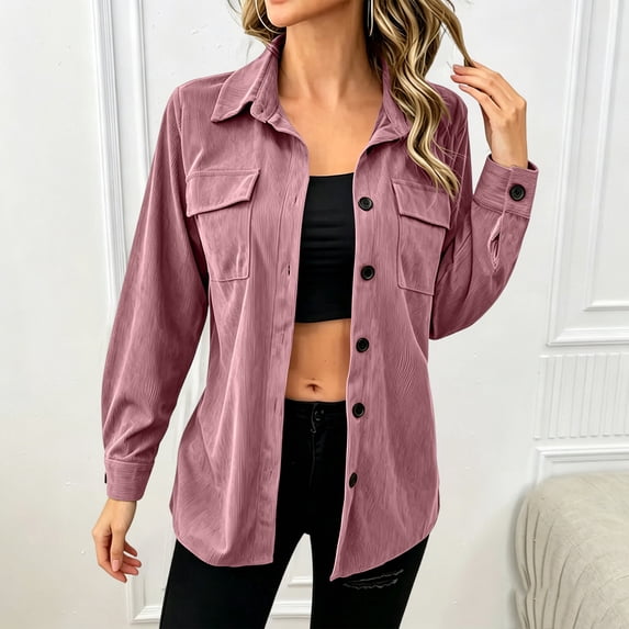 thefmos Women's Collared Long Sleeve Shirt Jacket with Chest Pockets Button Down Solid Color Casual Shacket Fashion Fall Spring Outfit, Pink M