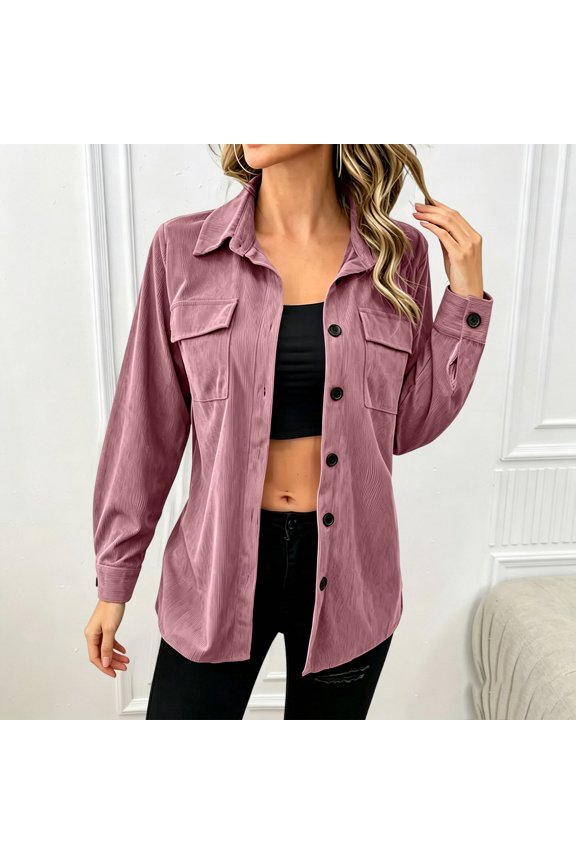 Women's Collared Long Sleeve Shirt Jacket with Chest Pockets Button Down Solid Color Casual Shacket Fashion Fall Spring Outfit, Pink XL