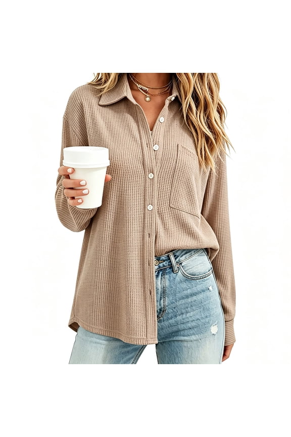 Women's Collared Long Sleeve Waffle Shirt Jacket with Pockets Solid Color Casual Coat Fashion Fall Spring Outfit, Khaki S