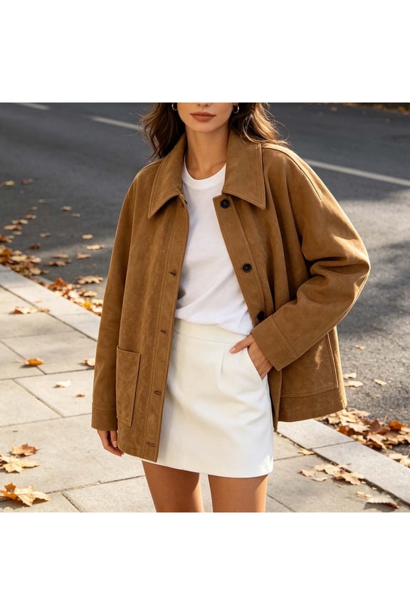 Women's Collared Short Suede Jacket Loose Fit Solid Color Casual Coat with Pocket Trendy Fall Spring Clothes, Brown S