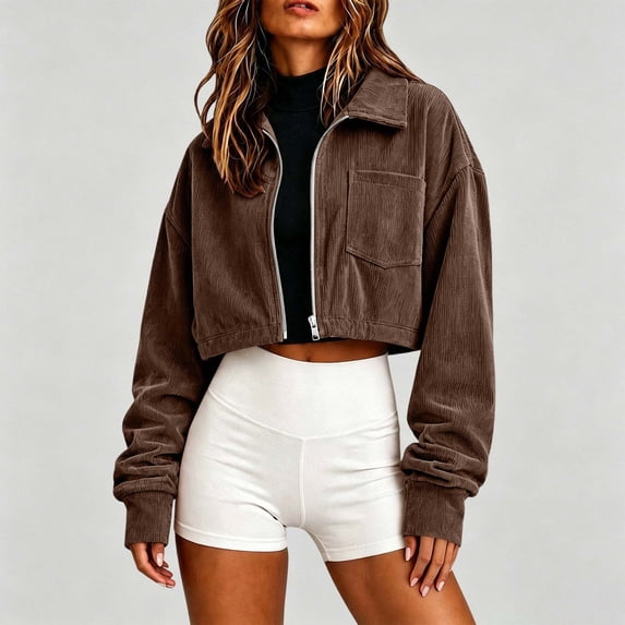 thefmos Women's Collared Zip Up Cropped Corduroy Jacket with Chest Pocket Solid Color Casual Coat Trendy Fall Winter Clothes, Coffee M