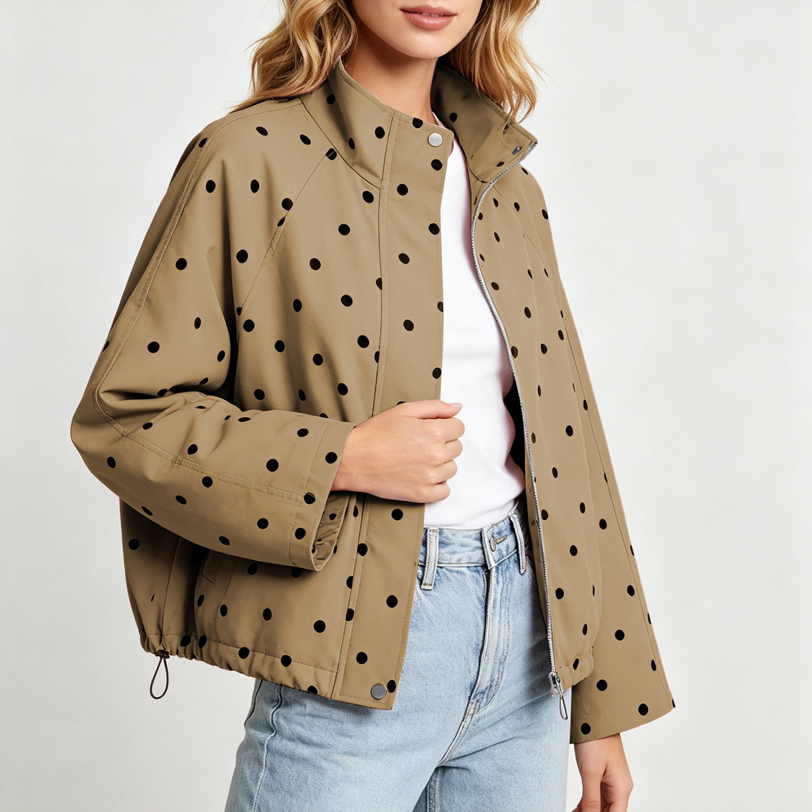 Spring Notebook Style thefmos Women's Collared Zip Up Polka Dot Jacket Drawstring Hem Long ...