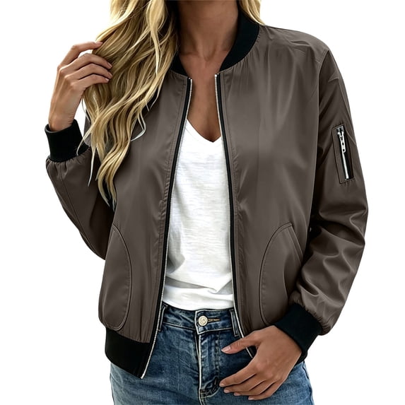 thefmos Women's Collarless Full Zip Long Sleeve Jacket Solid Color Casual Coat Fashion Spring Fall Outfit, Brown 2XL