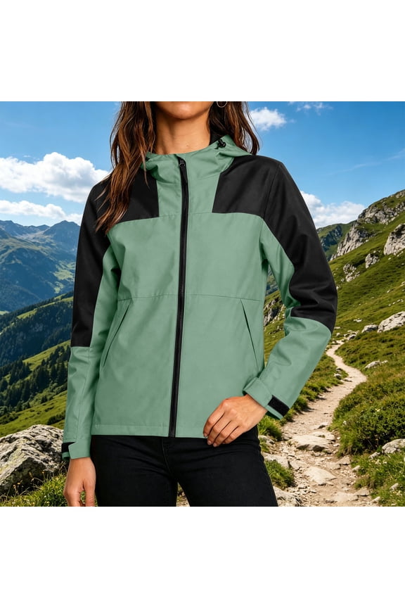 Women's Color Block Windproof Jacket Hooded Zip Up Long Sleeve Outdoor Coat Casual Fashion Fall Spring Hiking Travel Outfit, Green M