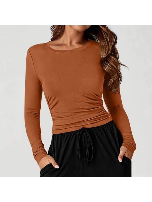 Women's Crewneck Fitted Pullover Top Long Sleeve Solid Color Casual Essential Blouse Fall Winter, Brown M