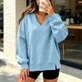 thumbnail image 1 of thefmos Women's Deep V Neck Long Sleeve Sweatshirt Side Slit Plus Size Solid Color Casual Fashion Pullover Fall Winter Clothes, Blue S, 1 of 6