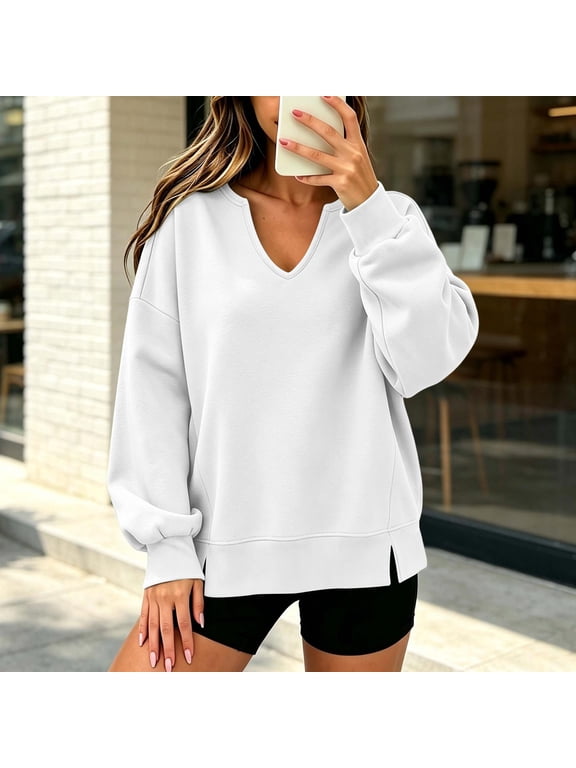 Women's Deep V Neck Long Sleeve Sweatshirt Side Slit Plus Size Solid Color Casual Fashion Pullover Fall Winter Clothes, White M