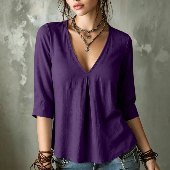 thefmos Women's Fall V Neck 3/4 Sleeve Pleated Flowy Blouses Casual Dressy Tops Solid Basic Pullover for Work Vacation Fashion Clothes, Purple L