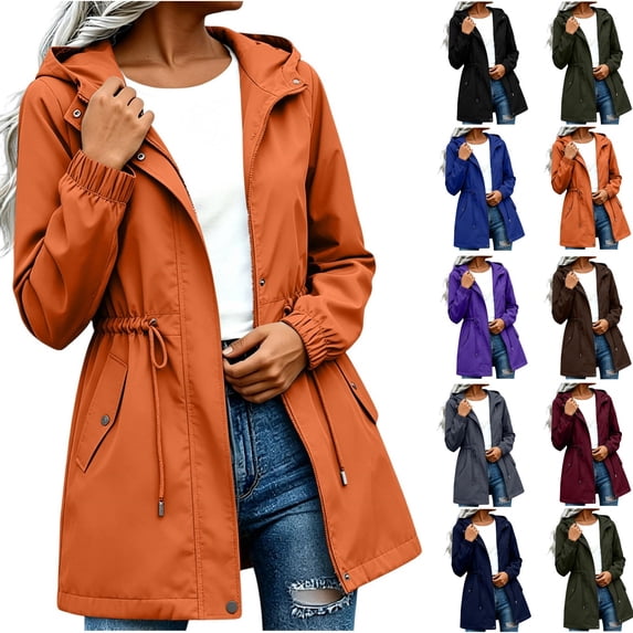 thefmos Women's Fall Winter Hooded Zip Up Jacket Casual Drawstring Basic Coat Windbreaker Solid Trendy Pullover Outdoor Work Daily, Orange L