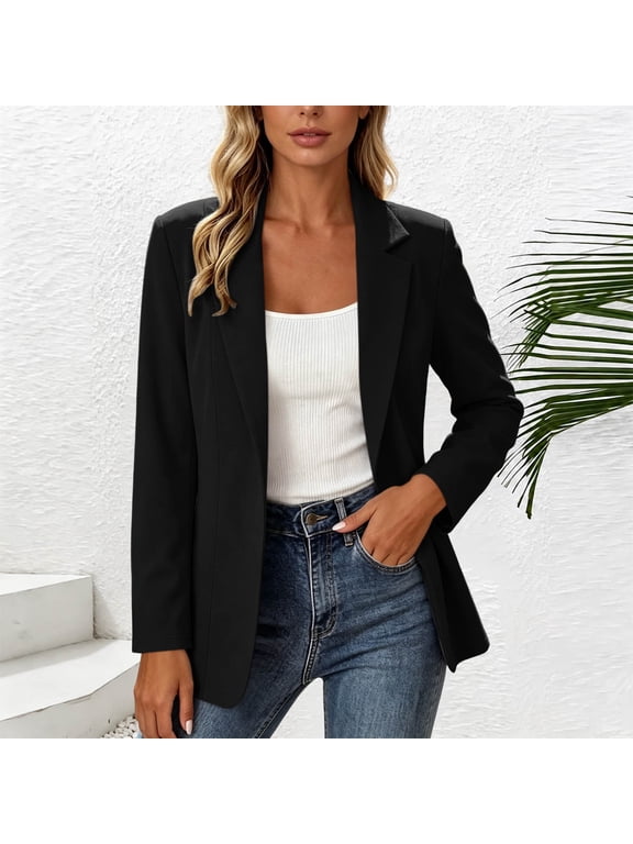 Women's Fall Winter Long Sleeve Blazer Open Front Casual Work Blazer Solid Slim Dressy Business Jacket Basic Collared Tops for Office Vacation Fashion Clothes, Black M