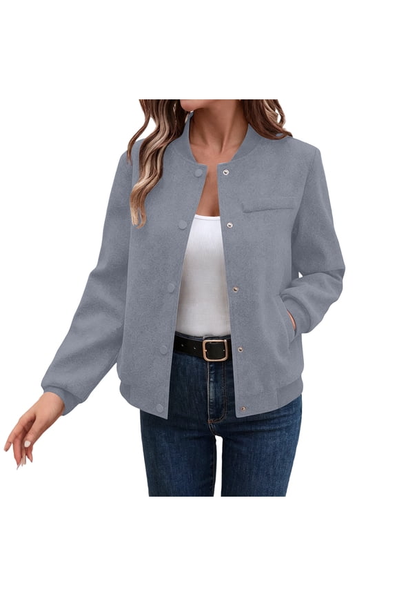 Women's Fall Winter Long Sleeve Button Down Blazer Collared Open Front Casual Jacket Solid Basic Baseball Tops Trendy Going Out Fashion Clothes, Gray M