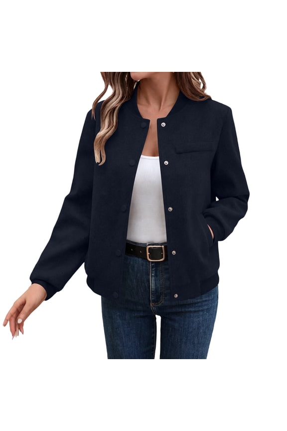 Women's Fall Winter Long Sleeve Button Down Blazer Collared Open Front Casual Jacket Solid Basic Baseball Tops Trendy Going Out Fashion Clothes, Navy L