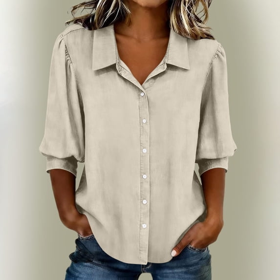 thefmos Women's Fall Winter Long Sleeve Button Down Blouses V Neck Dressy Casual Trendy Tops Loose Cute Pullover Shirts Winter Vacation Fashion Clothes, Beige XL