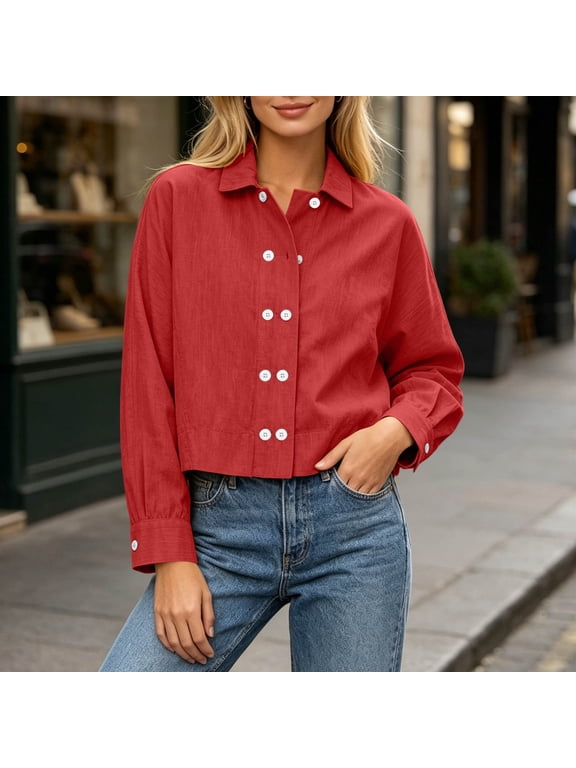 Women's Fall Winter Long Sleeve Button Down Shirt Collared Casual Blouse Solid Fashion Basic Top Jacket Work Office Vacation Clothes, Red 2XL