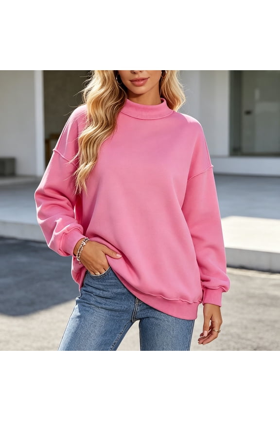 Women's Fall Winter Long Sleeve Crew Neck Pullover Tops Solid Casual Sweaters Loose Comfy Blouses Cozy Knitwear Cold Weather Outfits, Hot Pink M
