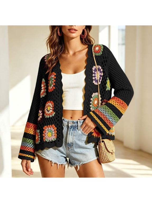 Women's Fall Winter Long Sleeve Crochet Cardigan Boho Floral Knit Open Front Tops Casual Bohemian Blouses Cozy Sweater Jacket Vacation Outfits, Black 2XL