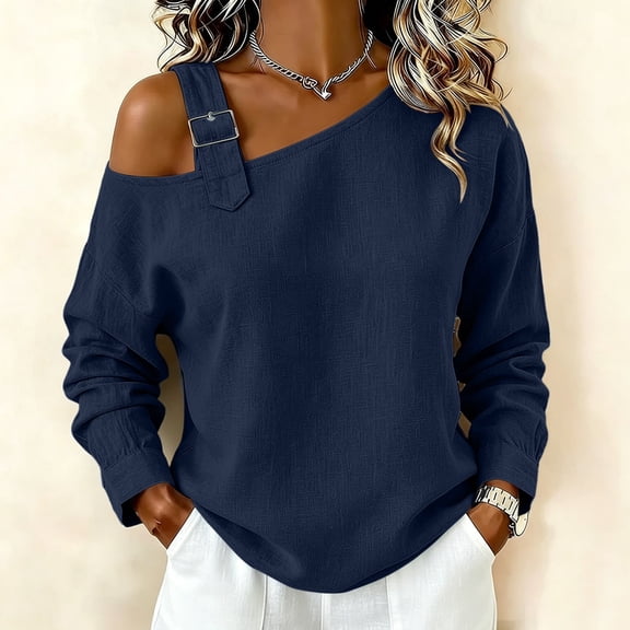 thefmos Women's Fall Winter Long Sleeve Off Shoulder Tops Solid Asymmetric Loose Pullover Casual Basic Tshirt Dressy Blouses Trendy Street Style Vacation Clothes, Navy XL