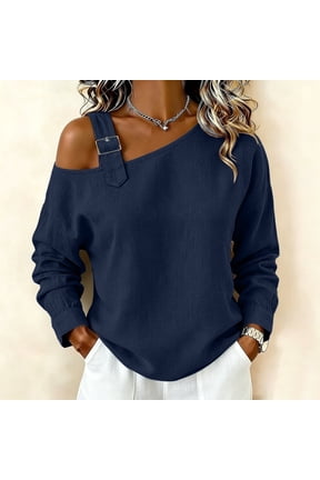 Women's Fall Winter Long Sleeve Off Shoulder Tops Solid Asymmetric Loose Pullover Casual Basic Tshirt Dressy Blouses Trendy Street Style Vacation Clothes, Navy S