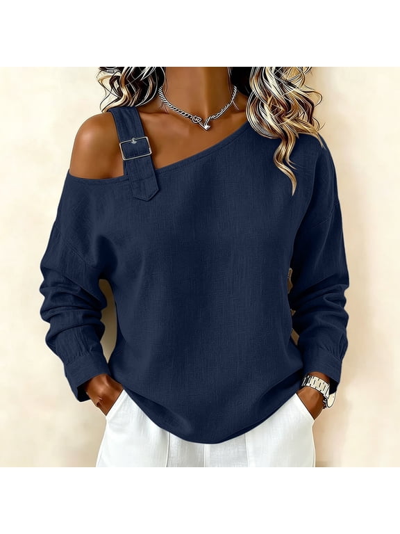 Women's Fall Winter Long Sleeve Off Shoulder Tops Solid Asymmetric Loose Pullover Casual Basic Tshirt Dressy Blouses Trendy Street Style Vacation Clothes, Navy L