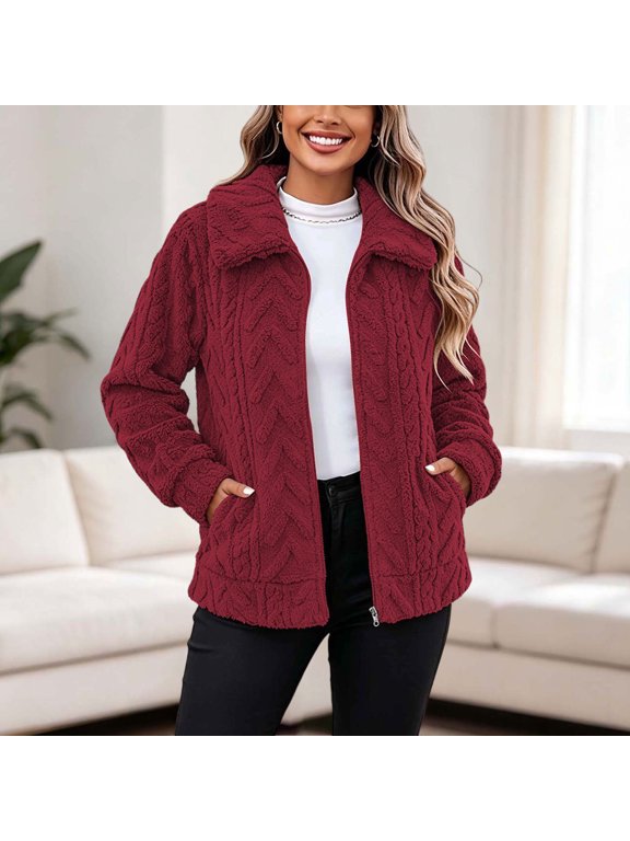 Women's Fall Winter Plus Size Fleece Collared Long Sleeve Shacket Casual Jackets Solid Comfy Outwear Tops Coats Warm Basic Streetwear, Red M
