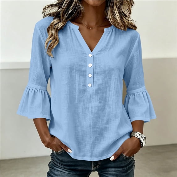 thefmos Women's Fall Winter V Neck 3/4 Sleeve Blouses Ruffle Button Down Casual Solid Tops Loose Pullover Sweater Shirts for Work Travel, Light Blue L