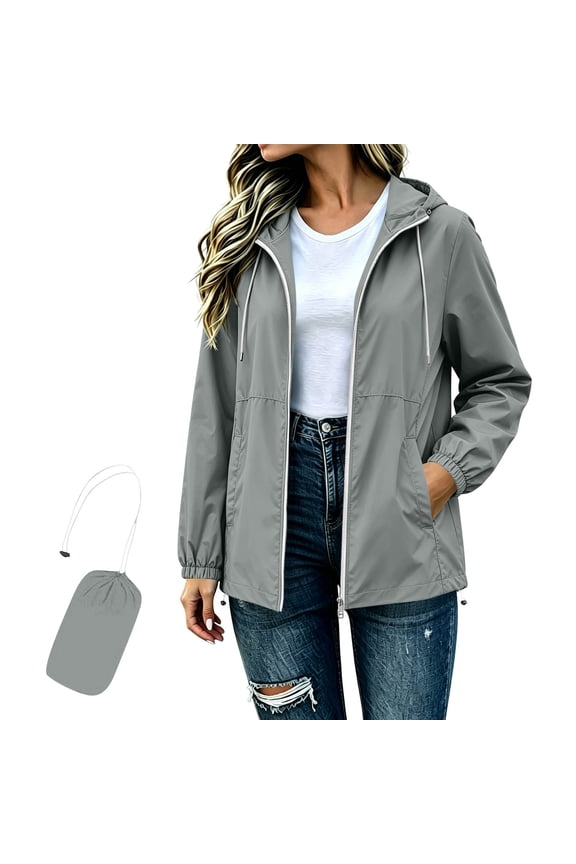Women's Fall Winter Zip Hooded Long Sleeve Jacket Casual Basic Solid Outdoor Raincoat Windbreaker Lightweight Loose Fit Spring Travel Clothes, Gray S