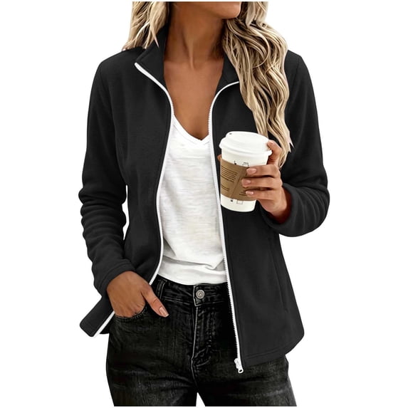 thefmos Women's Full Zip Long Sleeve Fleece Jacket with Pockets Solid Color Casual Outerwear Fashion Fall Winter Outfit, Black 2XL